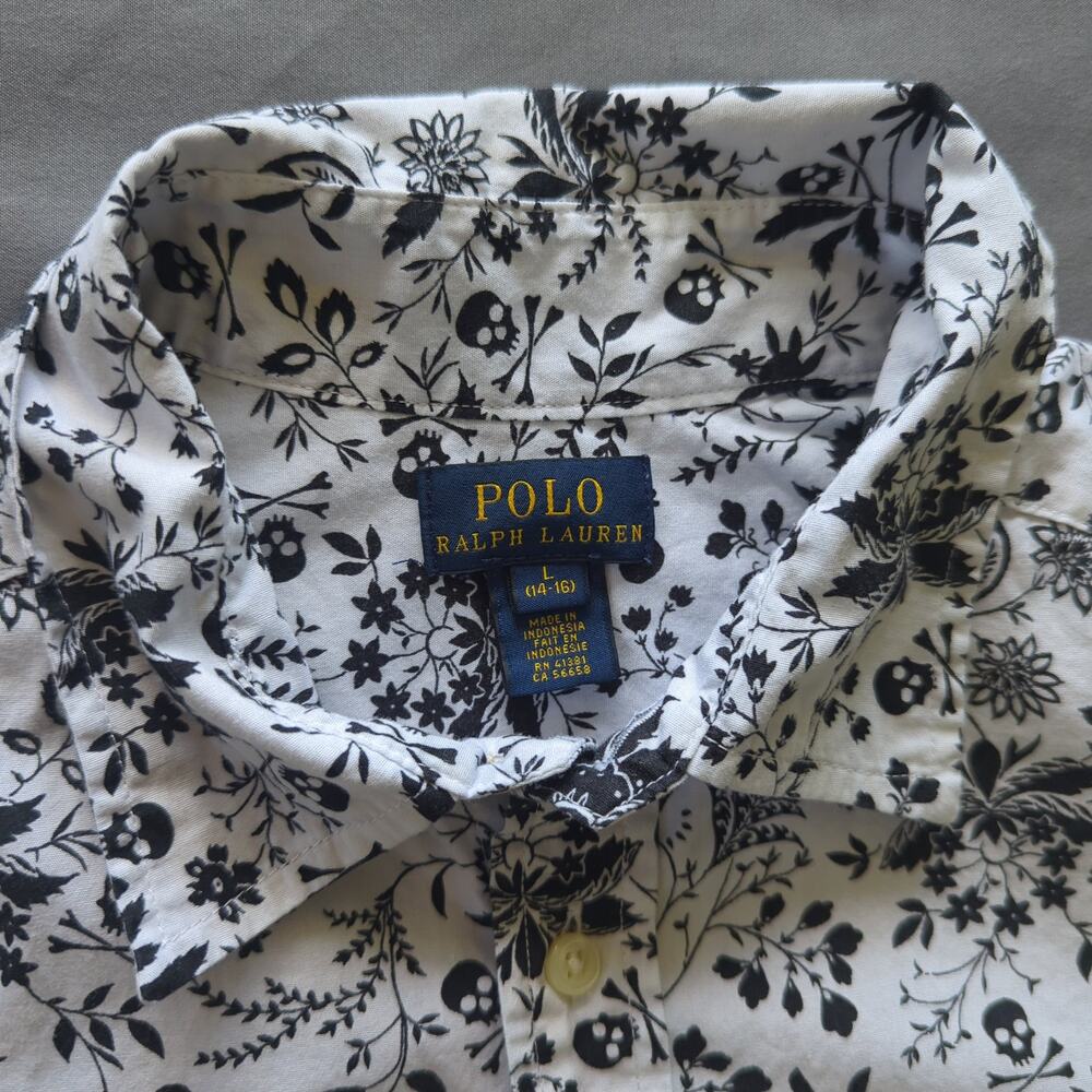 Polo Ralph Lauren Skull Floral Print Button Up Shirt Youth L Goth - Picture 3 of 4